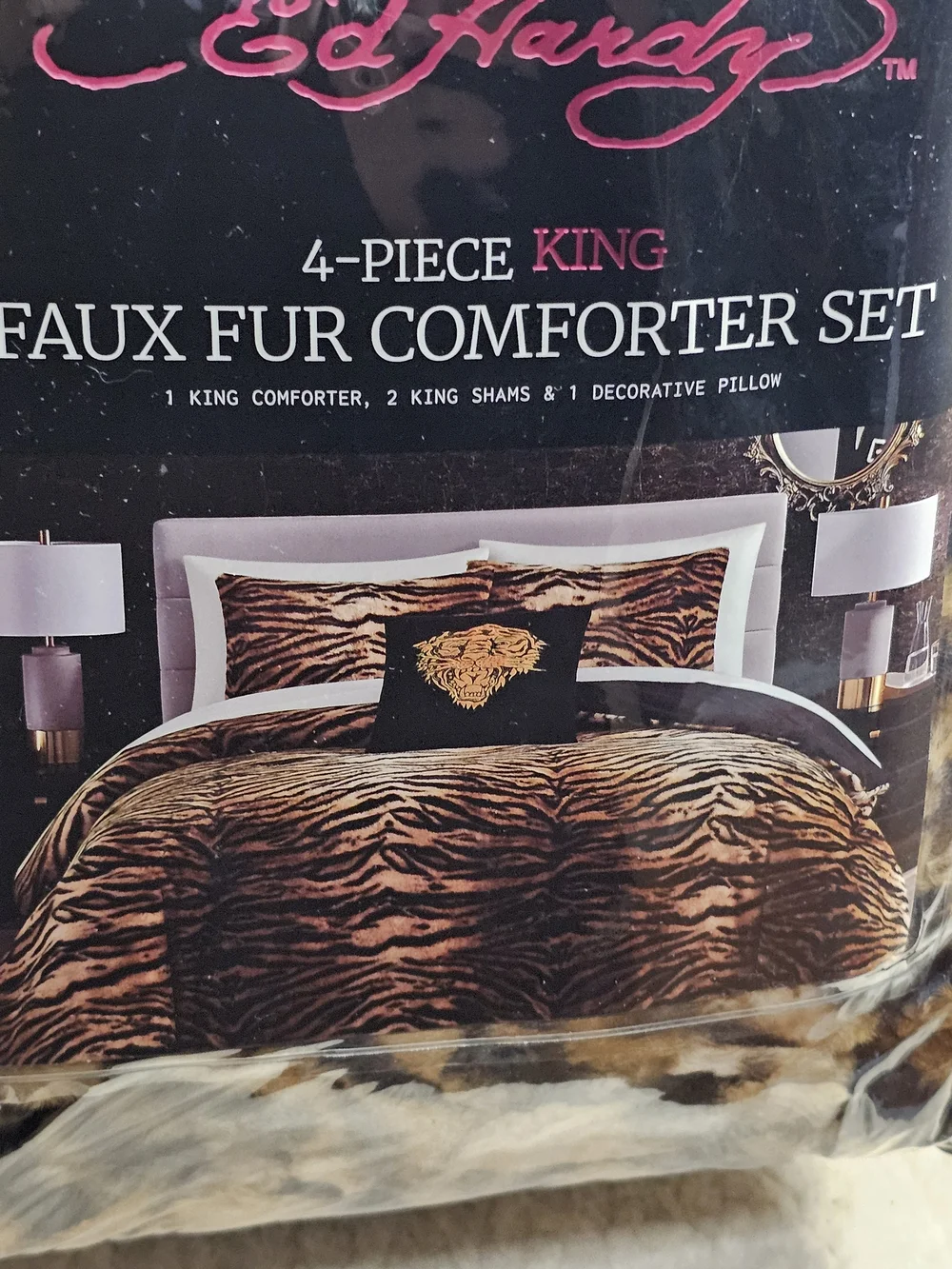 Ed Hardy 4 Piece Luxe Faux Fur Comforter Set Tiger Animal Print Viral Htf